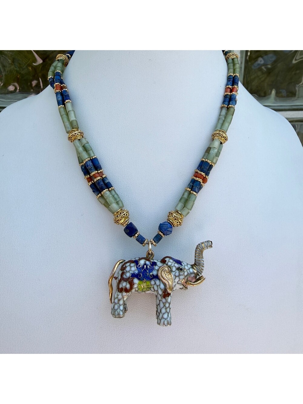 Vintage Cloisonné Elephant. Handmade Necklace, Green Onyx Lapis Lazuli.